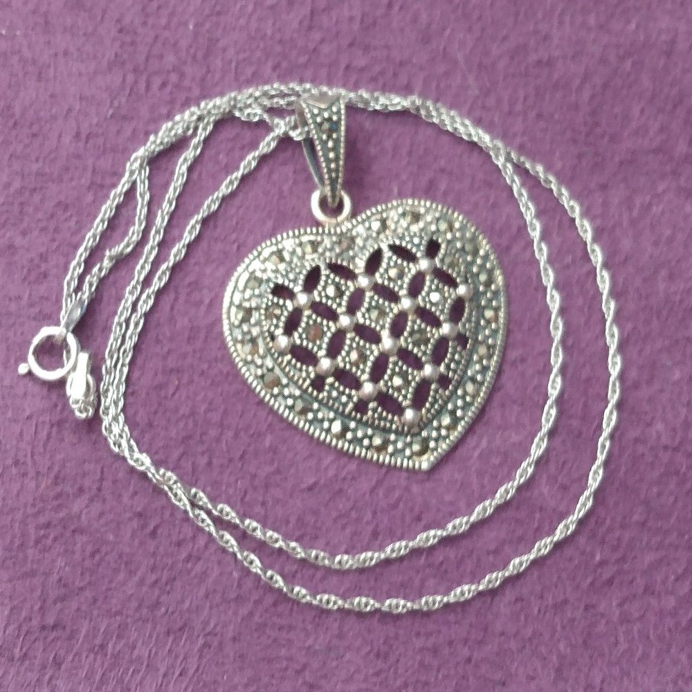 Sterling Silver Marcasite Heart Pendant Necklace
